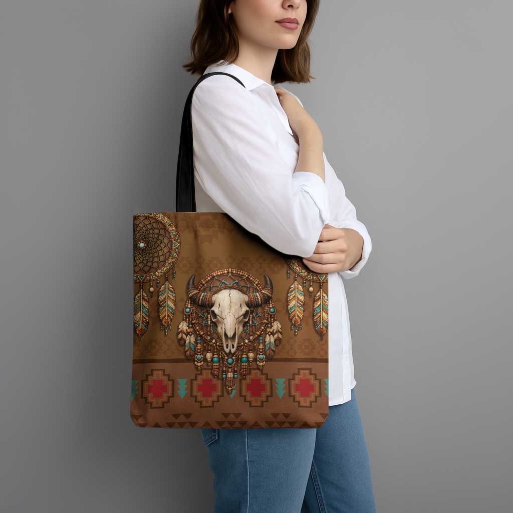 Bison Native American Tote Bag Tribal Feather Dreamcatcher Boho Style