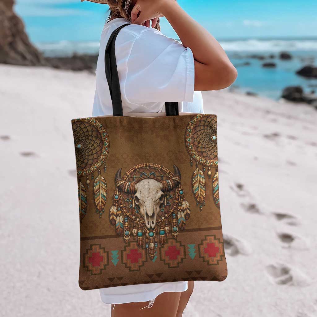 Bison Native American Tote Bag Tribal Feather Dreamcatcher Boho Style