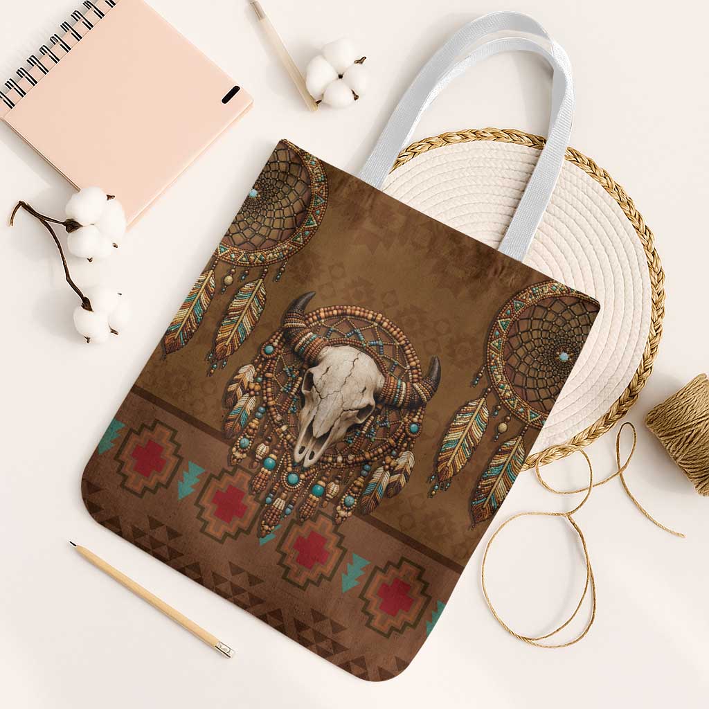 Bison Native American Tote Bag Tribal Feather Dreamcatcher Boho Style