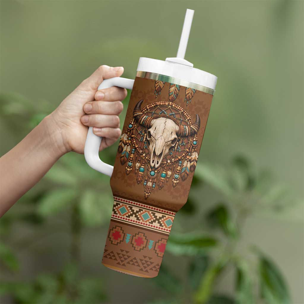 Bison Native American Tumbler With Handle Tribal Feather Dreamcatcher Boho Style
