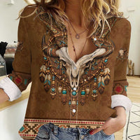 Bison Native American Women Casual Shirt Tribal Feather Dreamcatcher Boho Style