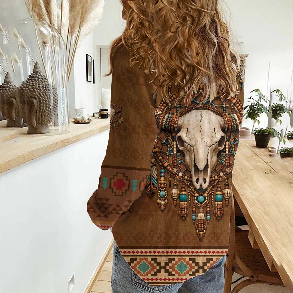 Bison Native American Women Casual Shirt Tribal Feather Dreamcatcher Boho Style