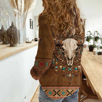Bison Native American Women Casual Shirt Tribal Feather Dreamcatcher Boho Style