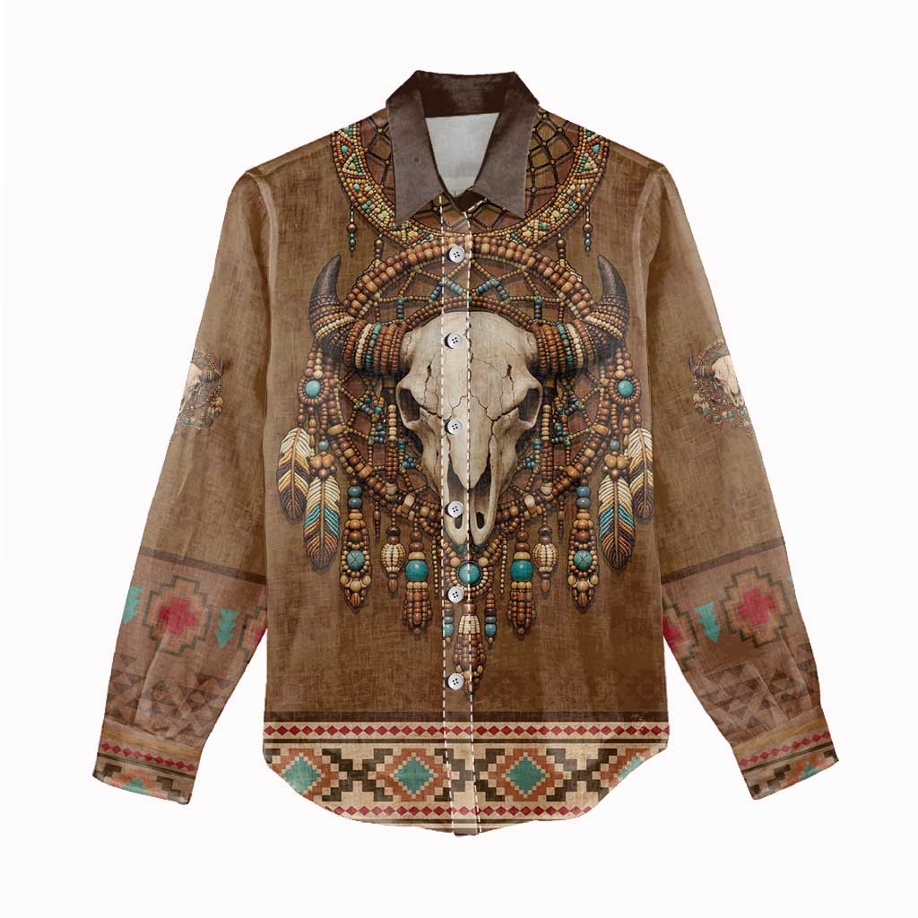 Bison Native American Women Casual Shirt Tribal Feather Dreamcatcher Boho Style