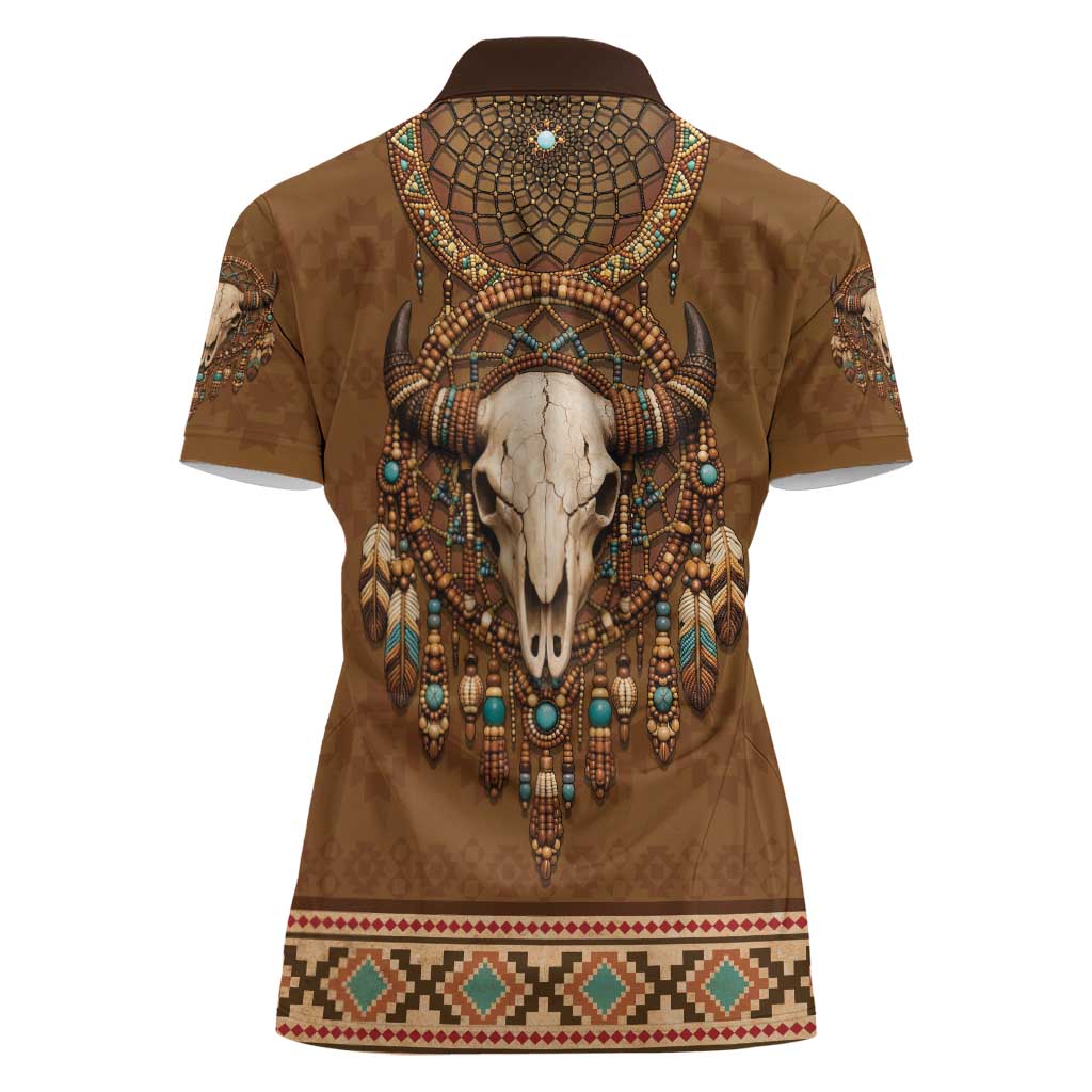 Bison Native American Women Polo Shirt Tribal Feather Dreamcatcher Boho Style