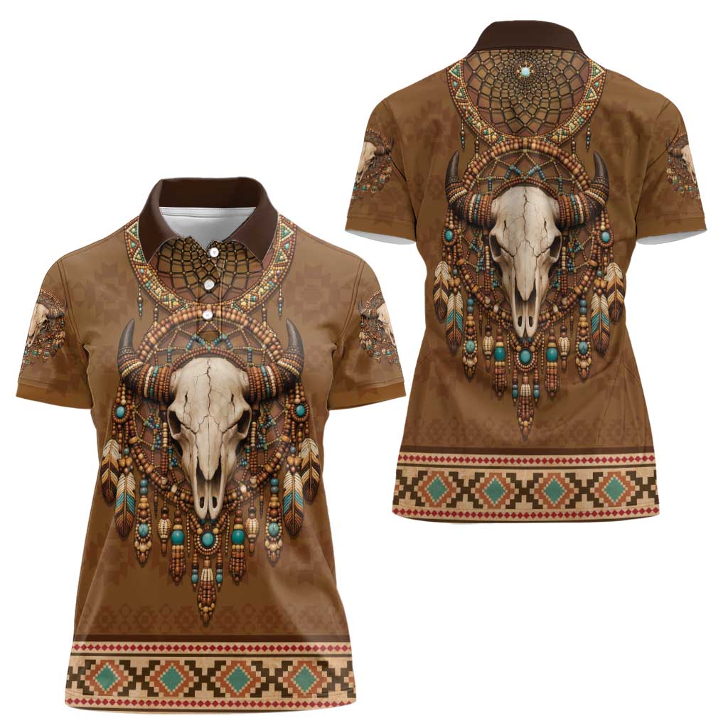 Bison Native American Women Polo Shirt Tribal Feather Dreamcatcher Boho Style