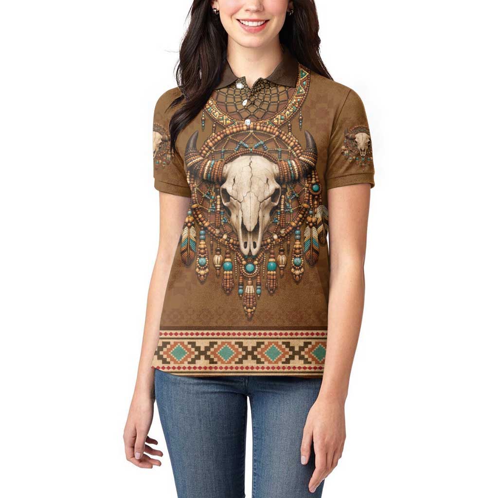Bison Native American Women Polo Shirt Tribal Feather Dreamcatcher Boho Style