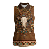 Bison Native American Women Sleeveless Polo Shirt Tribal Feather Dreamcatcher Boho Style