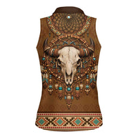 Bison Native American Women Sleeveless Polo Shirt Tribal Feather Dreamcatcher Boho Style