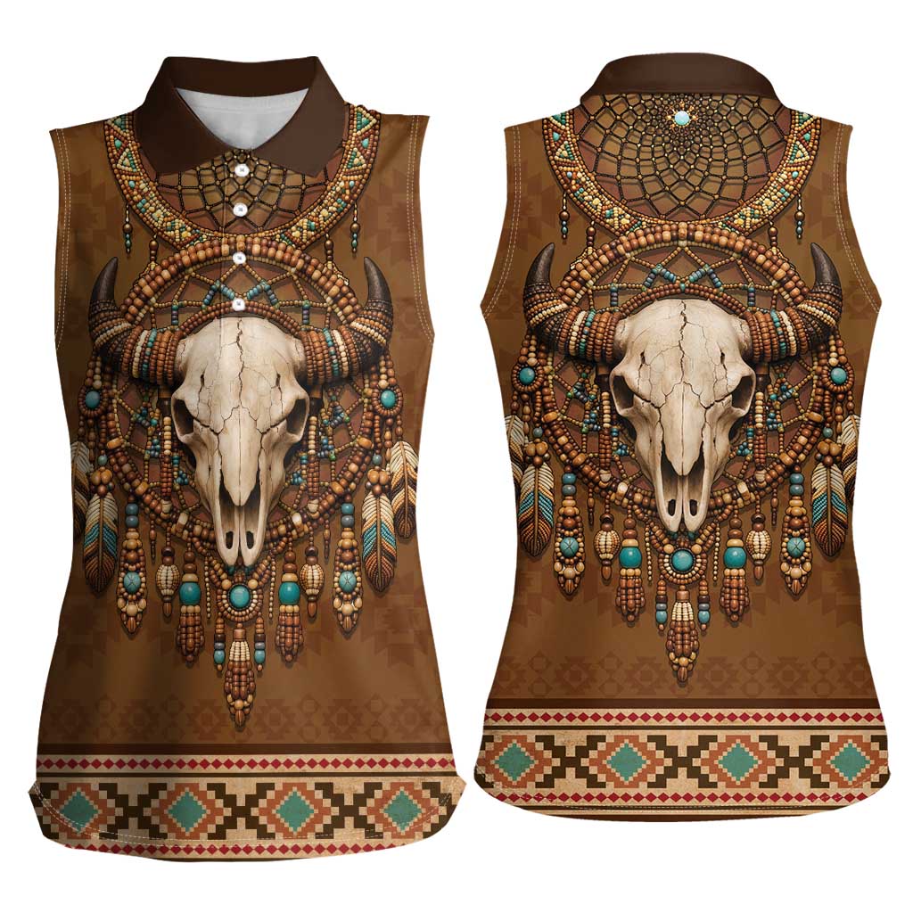 Bison Native American Women Sleeveless Polo Shirt Tribal Feather Dreamcatcher Boho Style