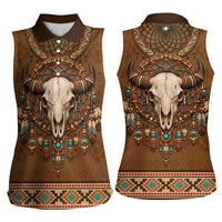 Bison Native American Women Sleeveless Polo Shirt Tribal Feather Dreamcatcher Boho Style