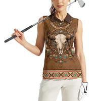 Bison Native American Women Sleeveless Polo Shirt Tribal Feather Dreamcatcher Boho Style