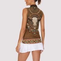 Bison Native American Women Sleeveless Polo Shirt Tribal Feather Dreamcatcher Boho Style