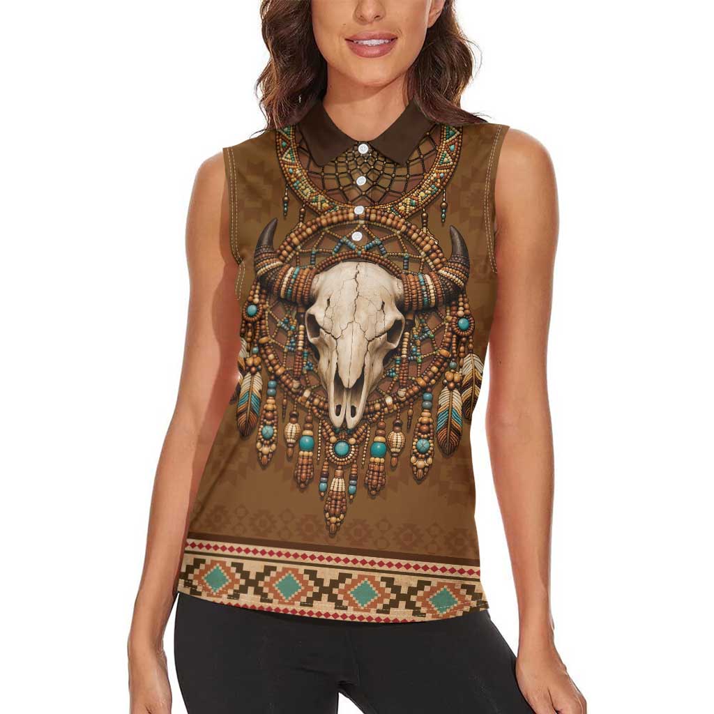 Bison Native American Women Sleeveless Polo Shirt Tribal Feather Dreamcatcher Boho Style
