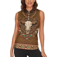 Bison Native American Women Sleeveless Polo Shirt Tribal Feather Dreamcatcher Boho Style