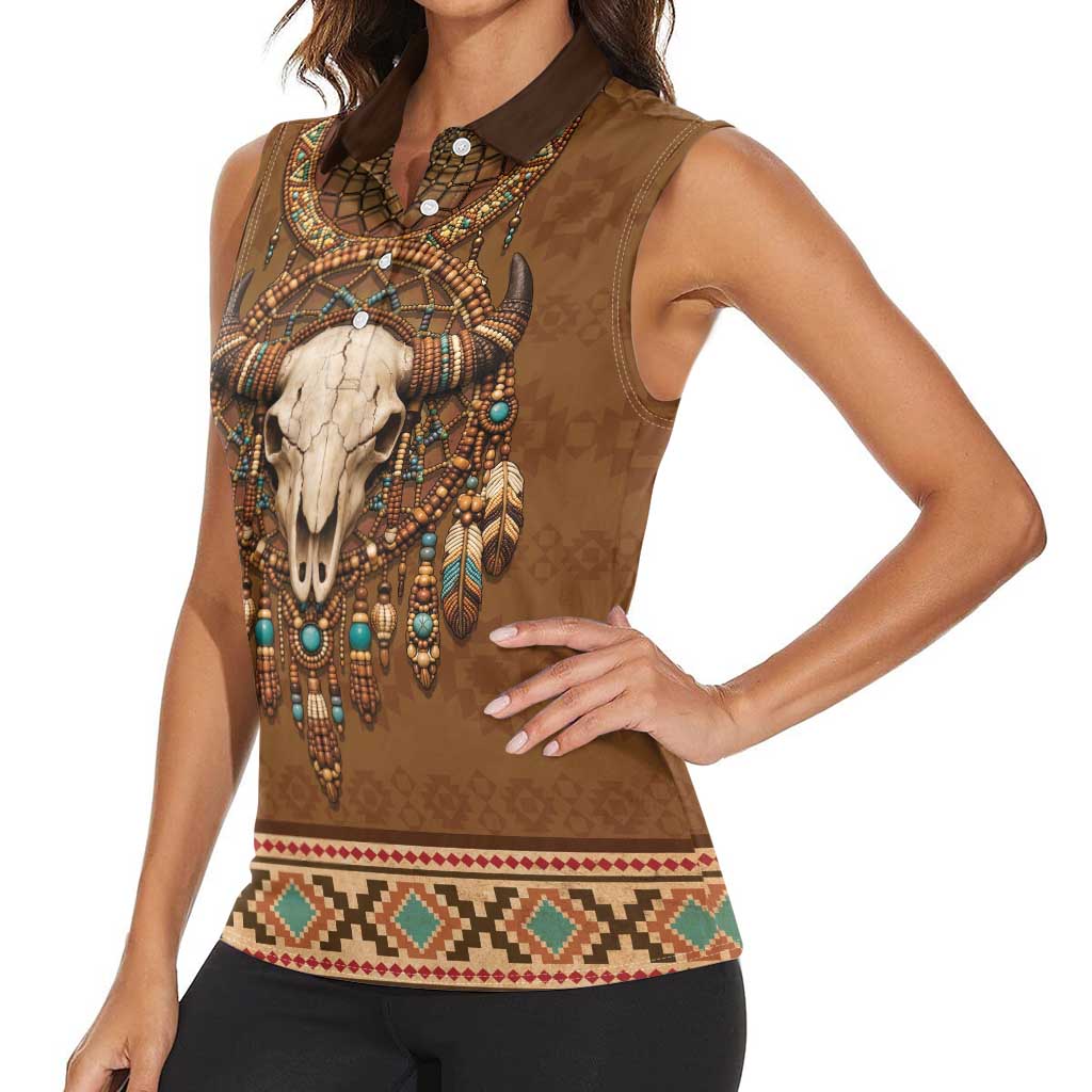 Bison Native American Women Sleeveless Polo Shirt Tribal Feather Dreamcatcher Boho Style