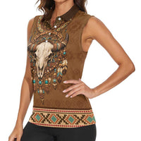Bison Native American Women Sleeveless Polo Shirt Tribal Feather Dreamcatcher Boho Style