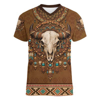 Bison Native American Women V-Neck T-Shirt Tribal Feather Dreamcatcher Boho Style
