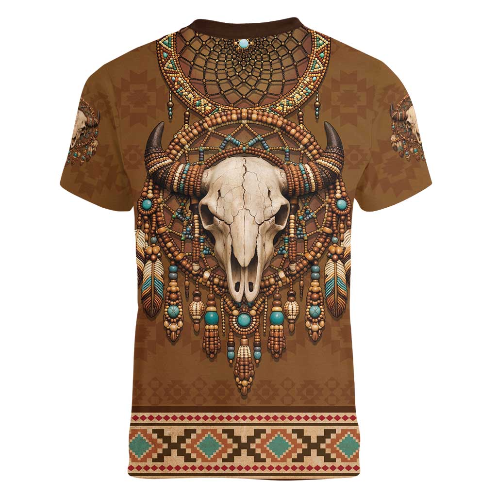 Bison Native American Women V-Neck T-Shirt Tribal Feather Dreamcatcher Boho Style