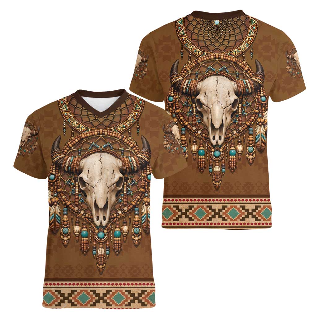 Bison Native American Women V-Neck T-Shirt Tribal Feather Dreamcatcher Boho Style