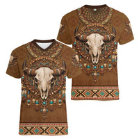 Bison Native American Women V-Neck T-Shirt Tribal Feather Dreamcatcher Boho Style