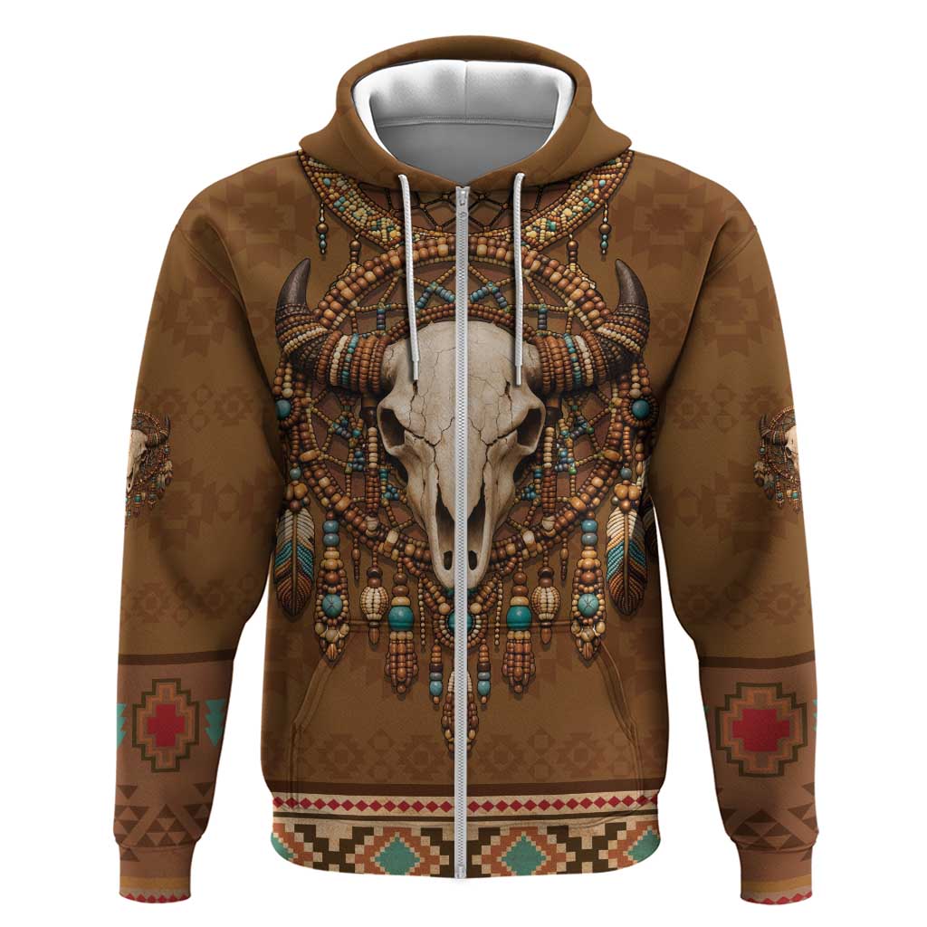 Bison Native American Zip Hoodie Tribal Feather Dreamcatcher Boho Style