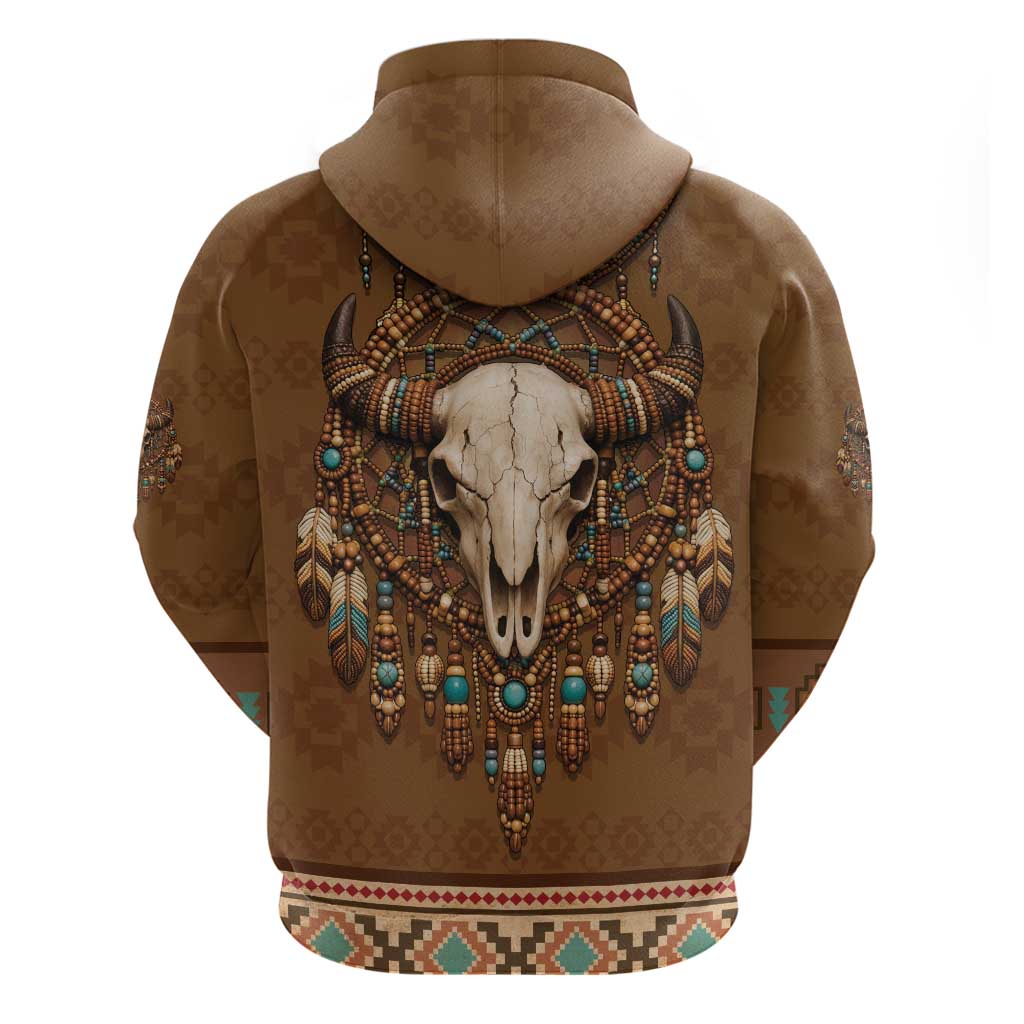 Bison Native American Zip Hoodie Tribal Feather Dreamcatcher Boho Style