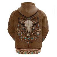 Bison Native American Zip Hoodie Tribal Feather Dreamcatcher Boho Style