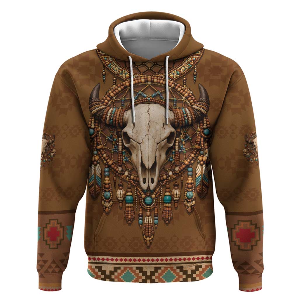 Bison Native American Zip Hoodie Tribal Feather Dreamcatcher Boho Style
