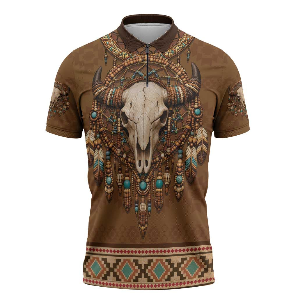 Bison Native American Zipper Polo Shirt Tribal Feather Dreamcatcher Boho Style