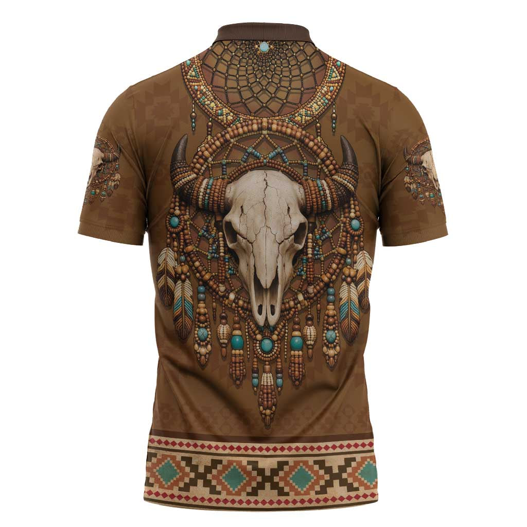 Bison Native American Zipper Polo Shirt Tribal Feather Dreamcatcher Boho Style