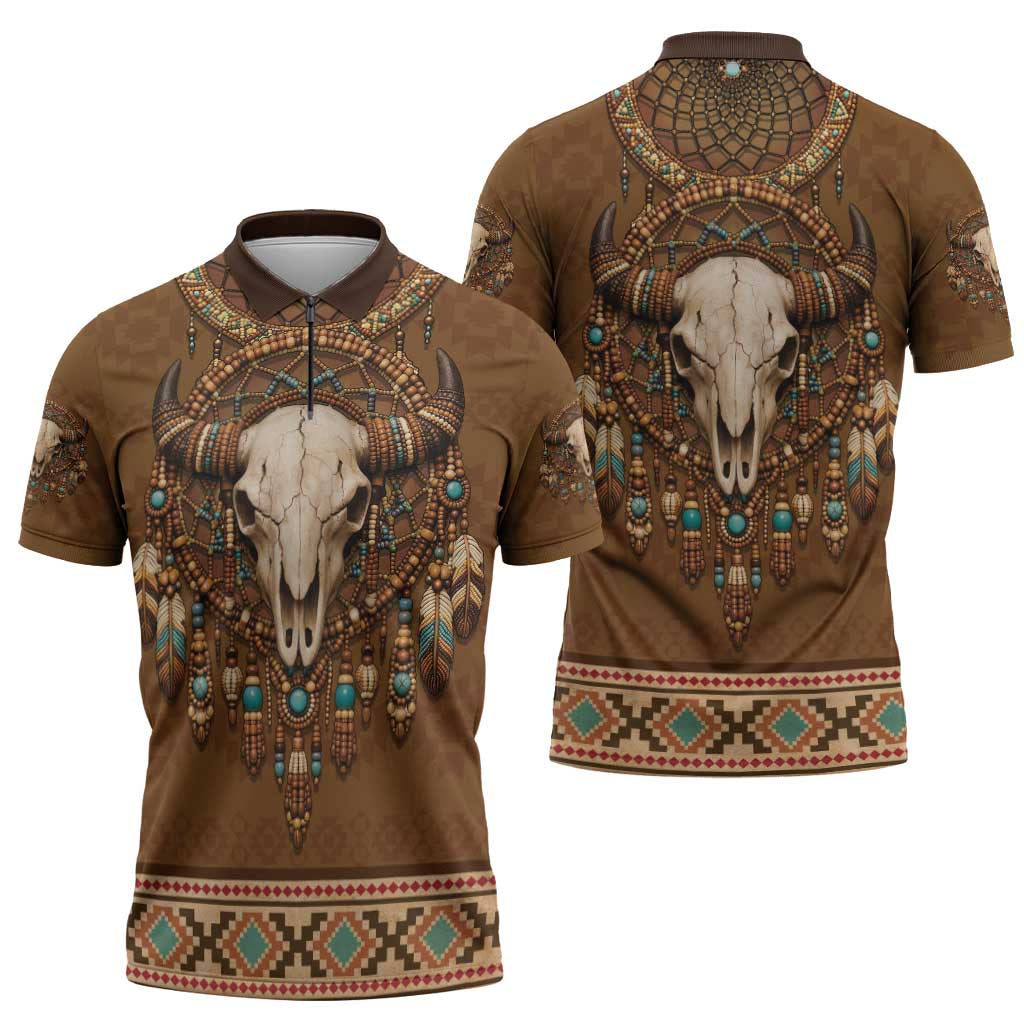 Bison Native American Zipper Polo Shirt Tribal Feather Dreamcatcher Boho Style
