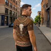 Bison Native American Zipper Polo Shirt Tribal Feather Dreamcatcher Boho Style