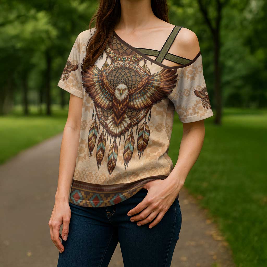 Eagle Native American Cross Shoulder Shirt Tribal Feather Dreamcatcher Boho Style