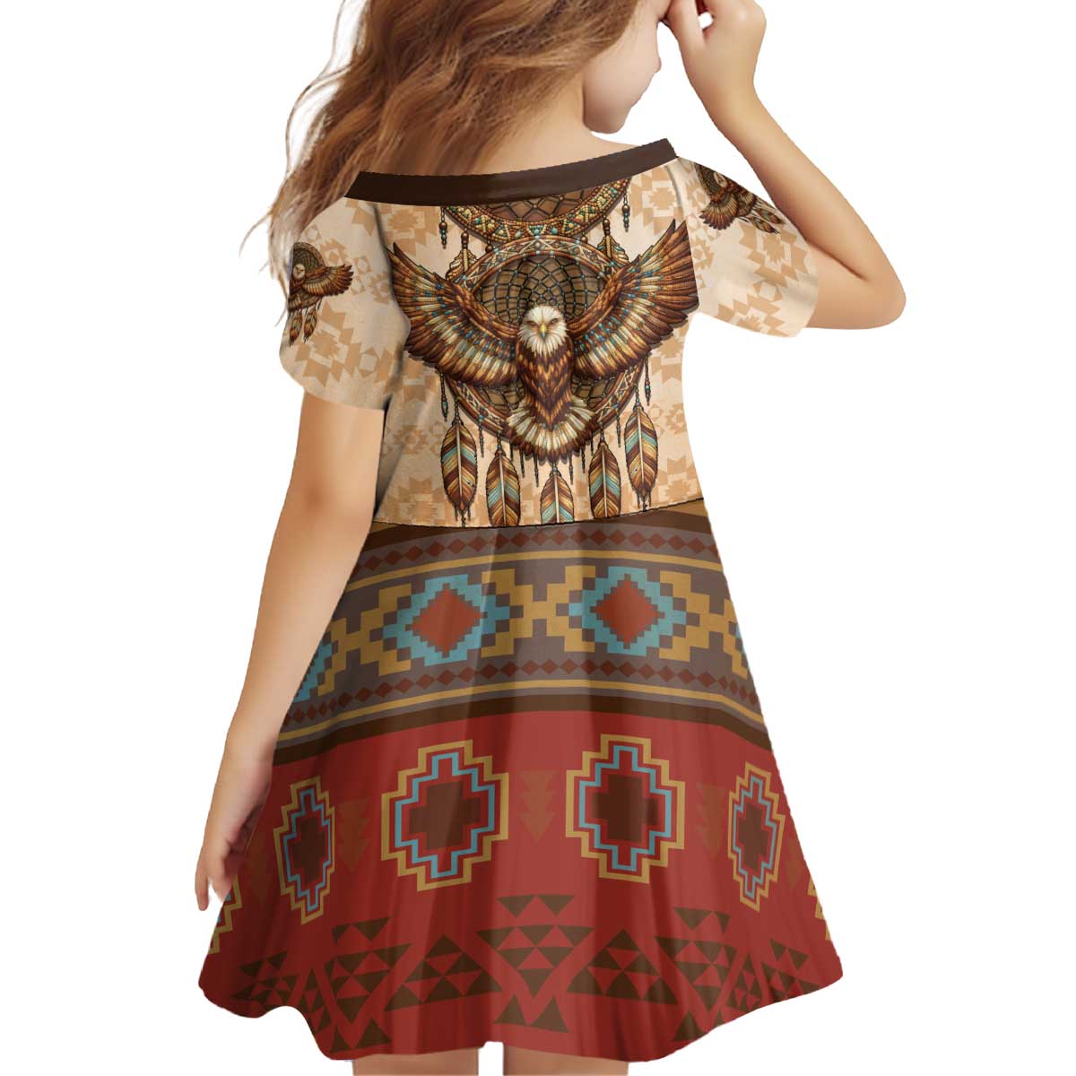 Eagle Native American Kid Short Sleeve Dress Tribal Feather Dreamcatcher Boho Style