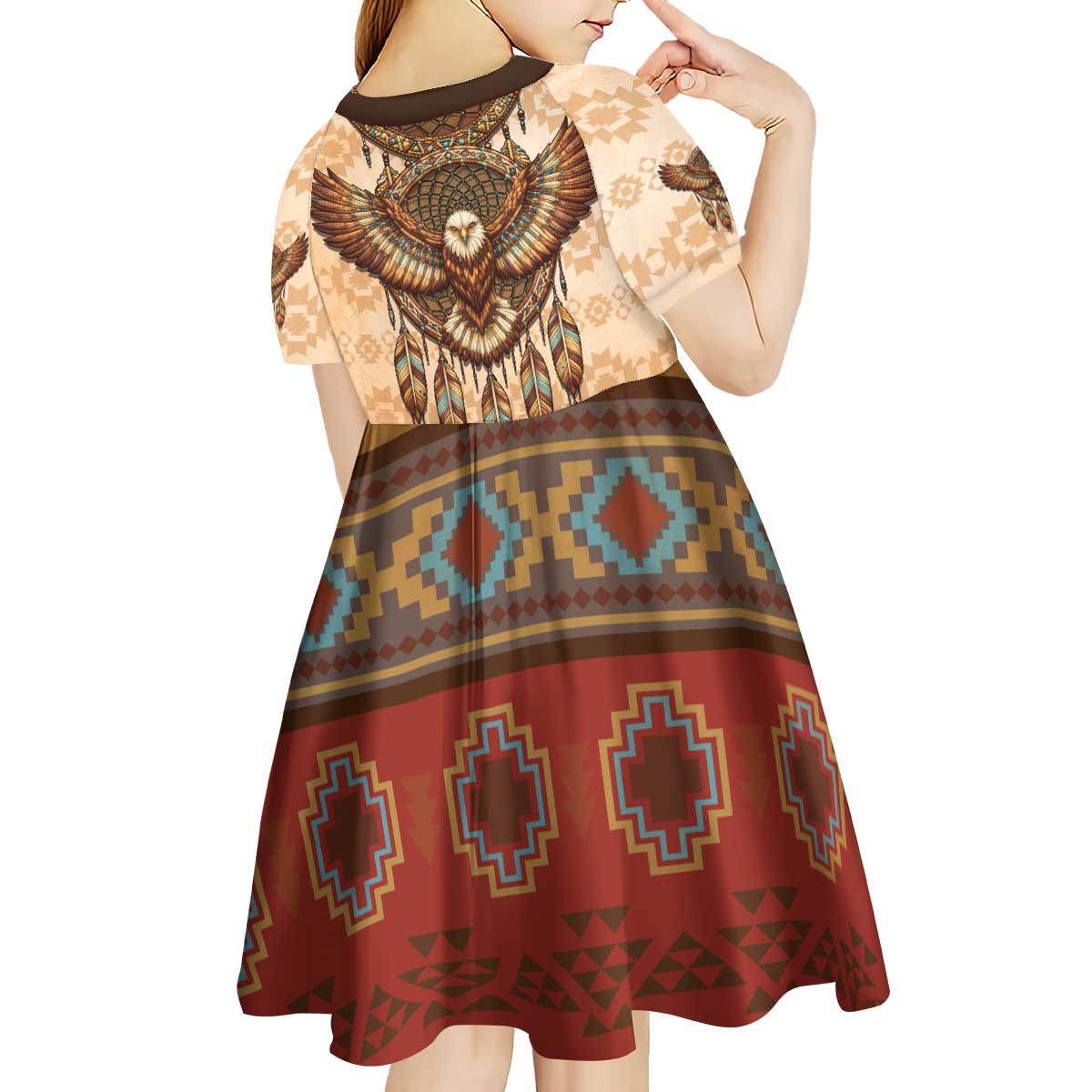Eagle Native American Kid Short Sleeve Dress Tribal Feather Dreamcatcher Boho Style