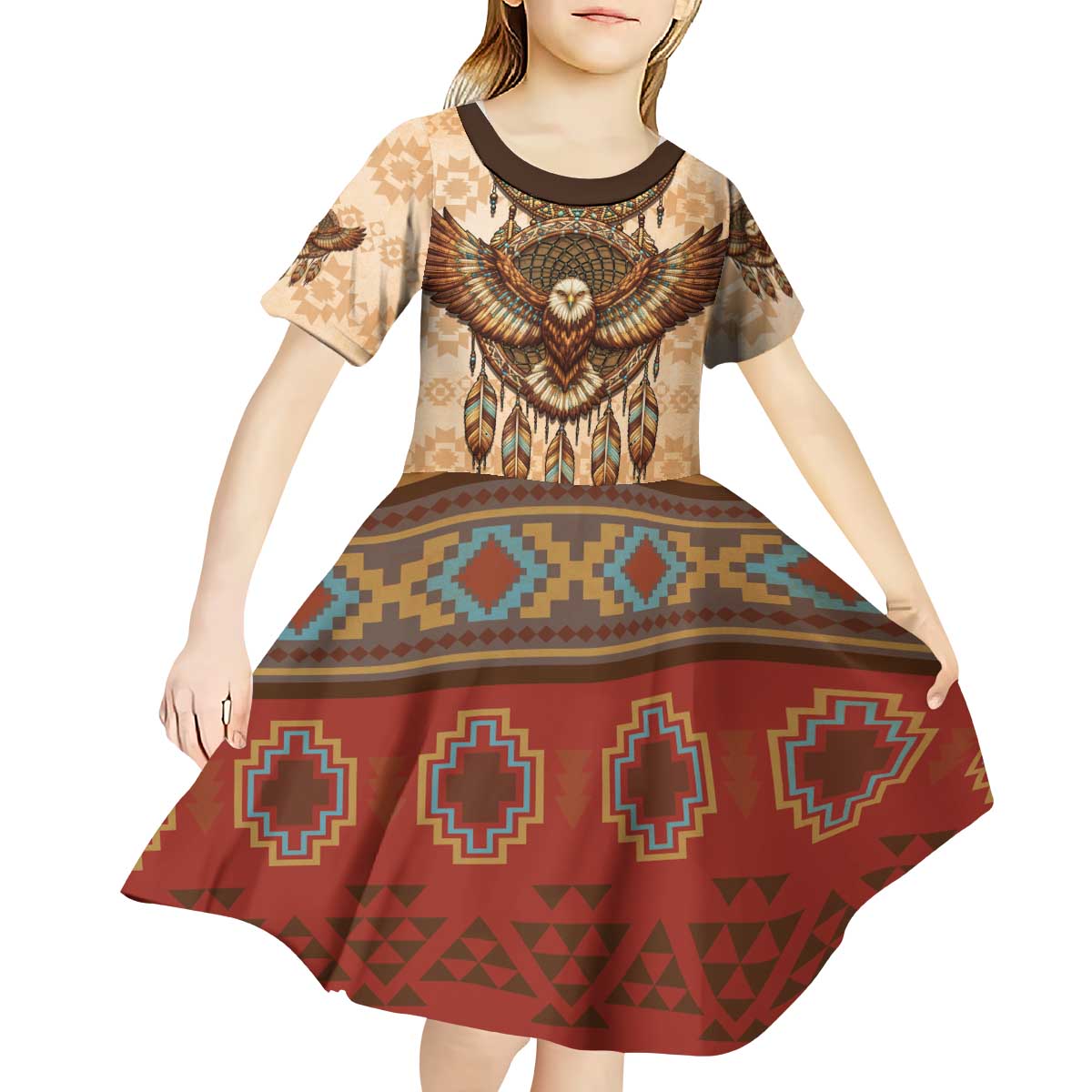Eagle Native American Kid Short Sleeve Dress Tribal Feather Dreamcatcher Boho Style