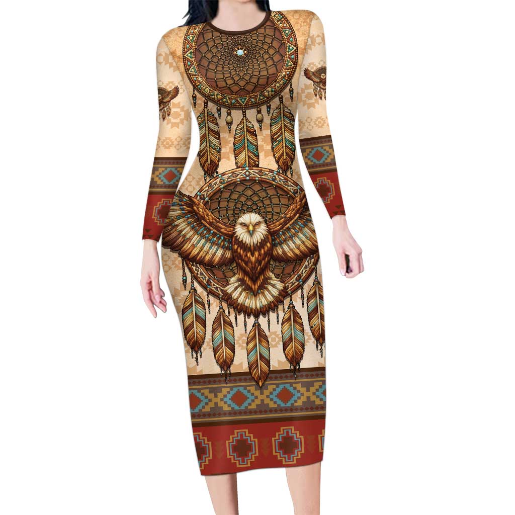 Eagle Native American Long Sleeve Bodycon Dress Tribal Feather Dreamcatcher Boho Style
