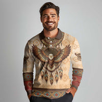 Eagle Native American Long Sleeve Polo Shirt Tribal Feather Dreamcatcher Boho Style