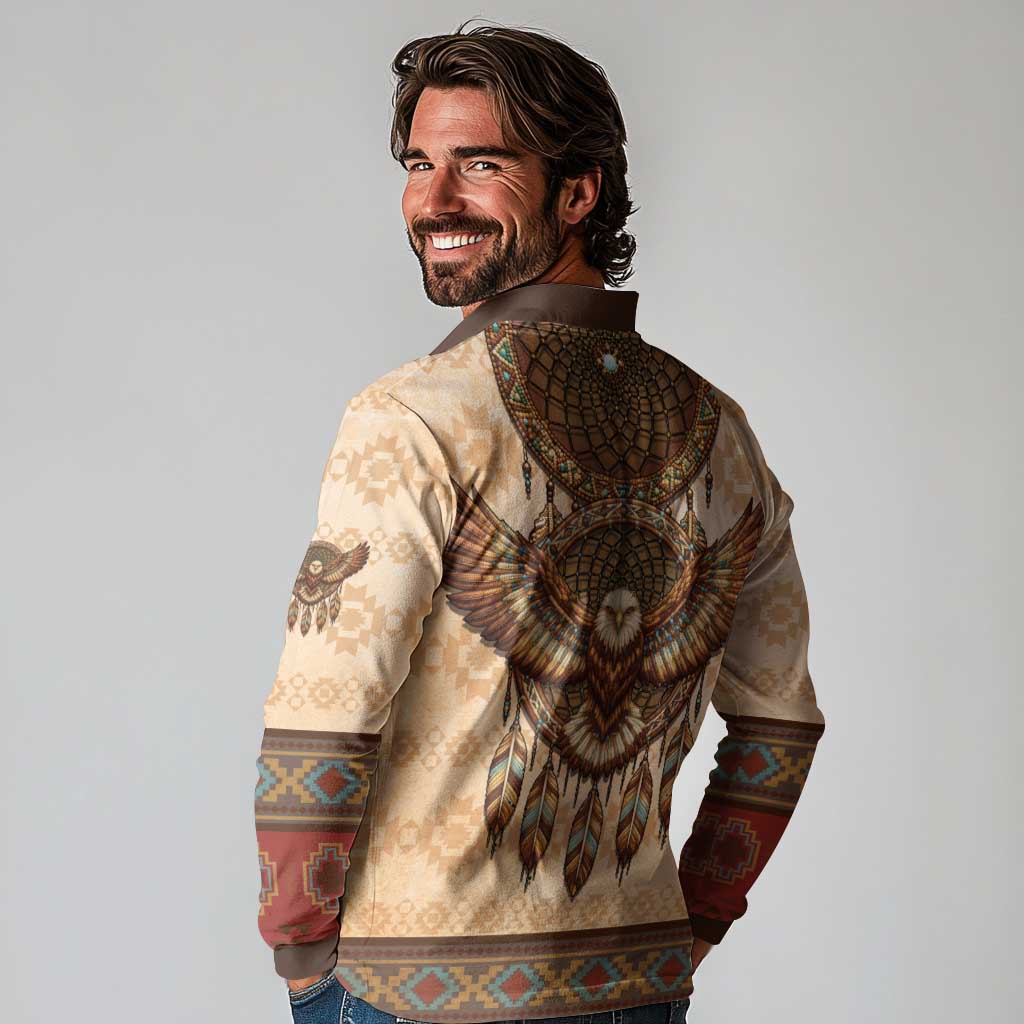 Eagle Native American Long Sleeve Polo Shirt Tribal Feather Dreamcatcher Boho Style