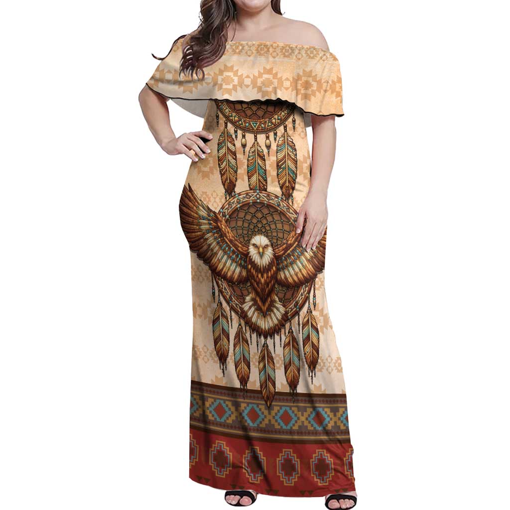 Eagle Native American Off Shoulder Maxi Dress Tribal Feather Dreamcatcher Boho Style