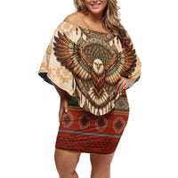 Eagle Native American Off Shoulder Short Dress Tribal Feather Dreamcatcher Boho Style