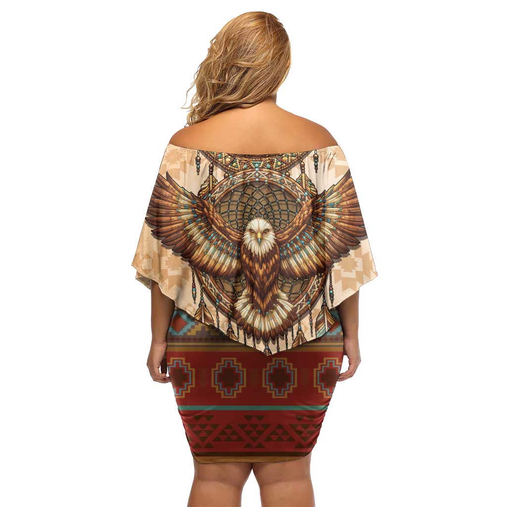 Eagle Native American Off Shoulder Short Dress Tribal Feather Dreamcatcher Boho Style