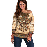 Eagle Native American Off Shoulder Sweater Tribal Feather Dreamcatcher Boho Style