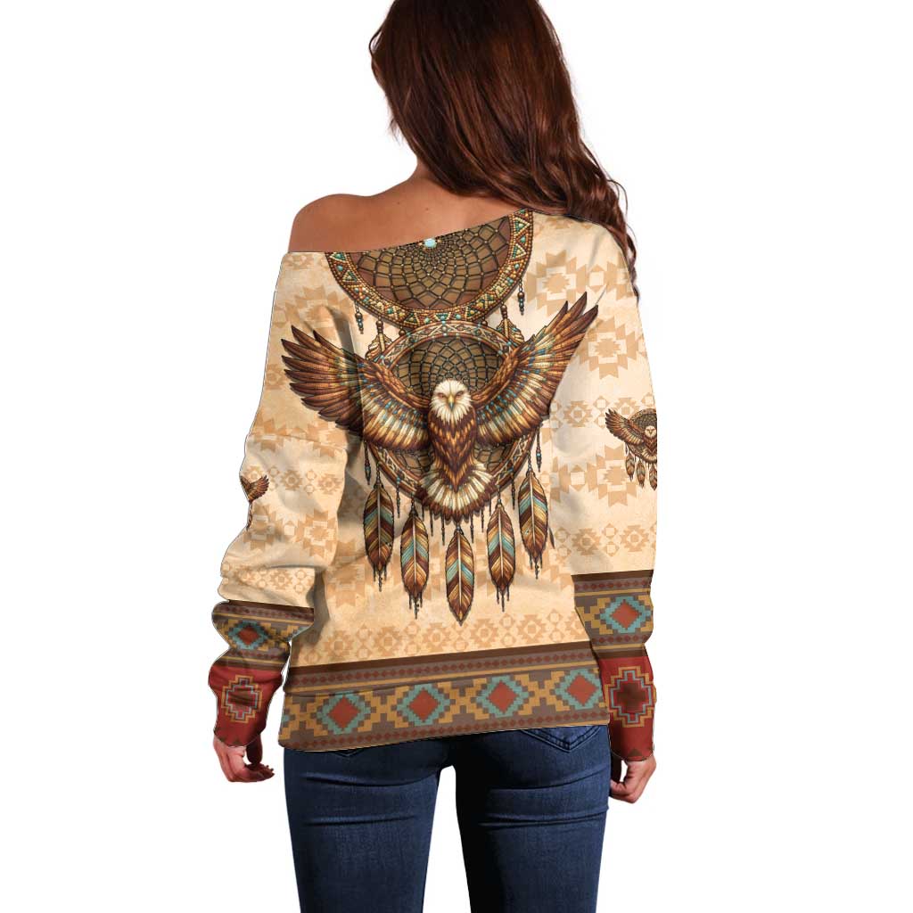 Eagle Native American Off Shoulder Sweater Tribal Feather Dreamcatcher Boho Style