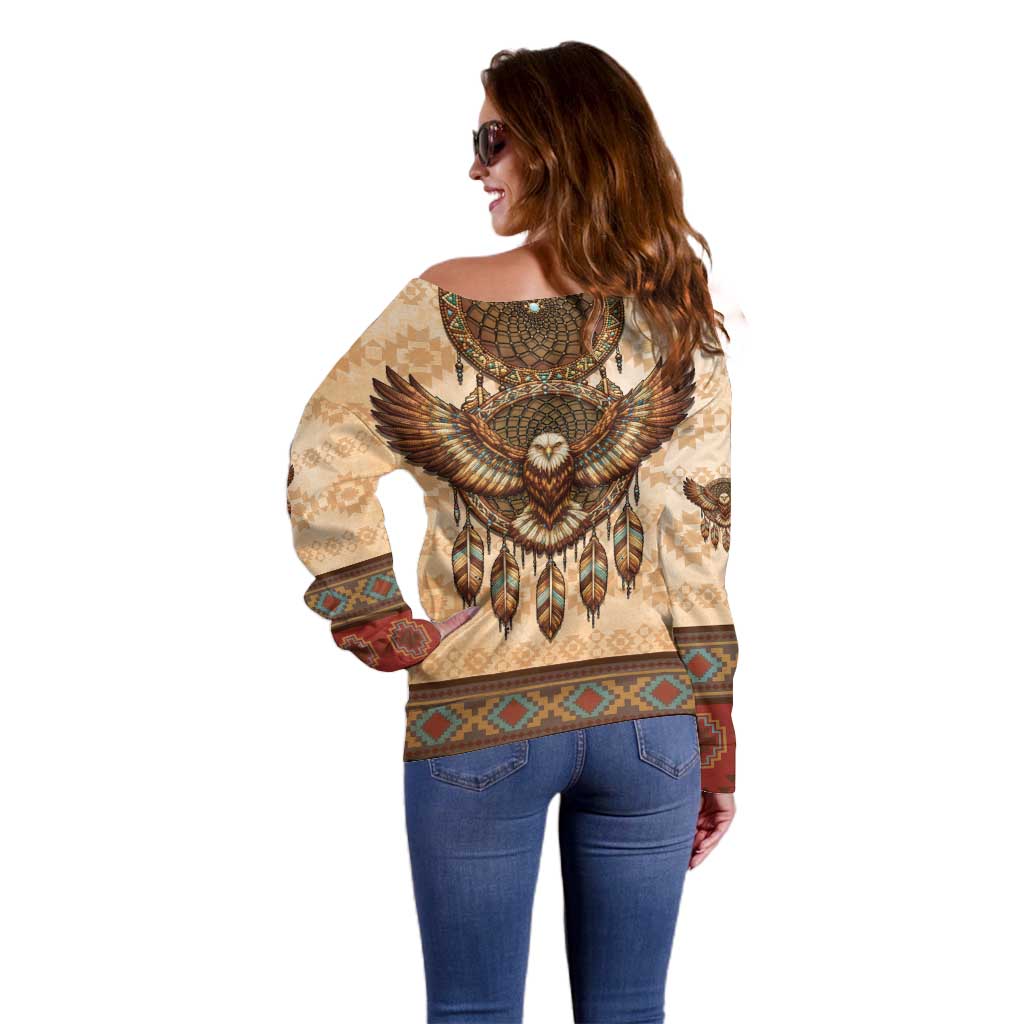 Eagle Native American Off Shoulder Sweater Tribal Feather Dreamcatcher Boho Style