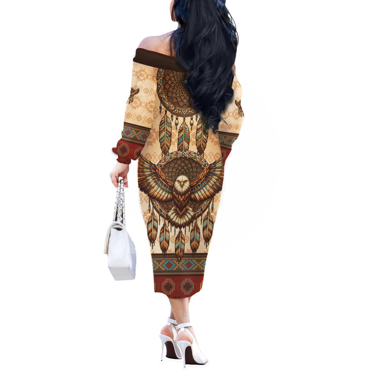 Eagle Native American Off The Shoulder Long Sleeve Dress Tribal Feather Dreamcatcher Boho Style