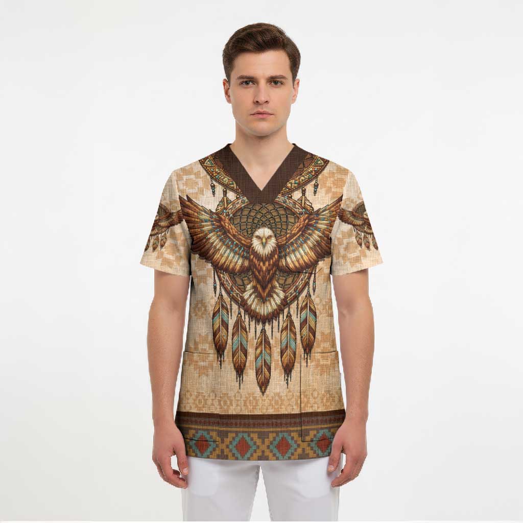 Eagle Native American Scrub Top Tribal Feather Dreamcatcher Boho Style