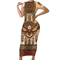Eagle Native American Short Sleeve Bodycon Dress Tribal Feather Dreamcatcher Boho Style