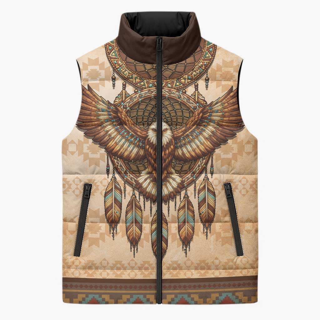 Eagle Native American Sleeveless Puffer Jacket Tribal Feather Dreamcatcher Boho Style